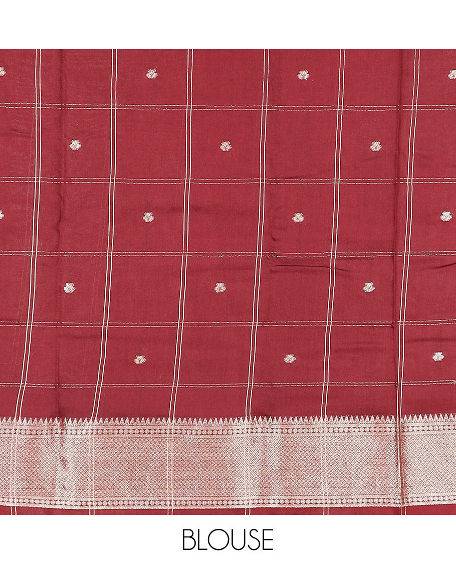 Green Assam Silk Saree Sparsely Sparkled with Zari Butta Enclosed Checks on Its Body, Complemented by a Contrast Traditional Zari Design Woven Border, Scintillating Pallu, and Paired with a Contrast Blouse