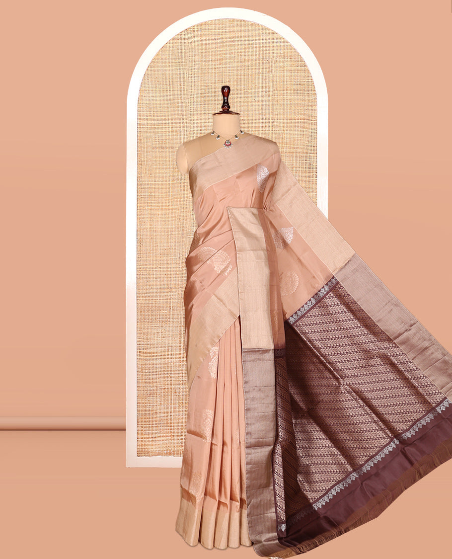 Peach Semi Uppada Saree, Ornamented with Zari Buttas, a Bavanji Border, Contrast Diagonal Leaf Vine Pallu, and a Contrast Blouse
