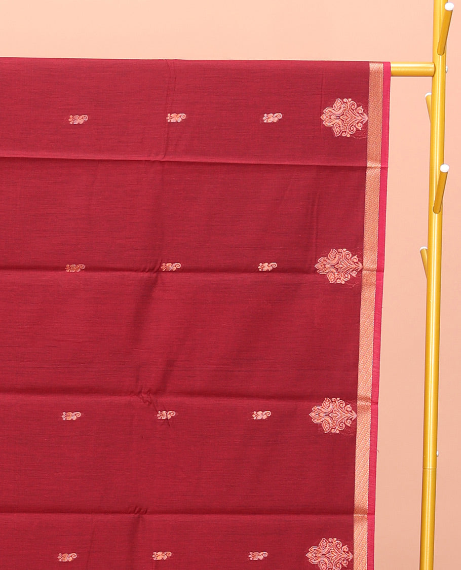 Crimson Red Semi-Silk Cotton Saree, Enriched with Zari Buttas All Over Its Body, a Subtle Zari Piping Border, Complemented by Contrast Pallu of Peacock Butta Enclosed Checked Design, and Paired with a Contrast Blouse
