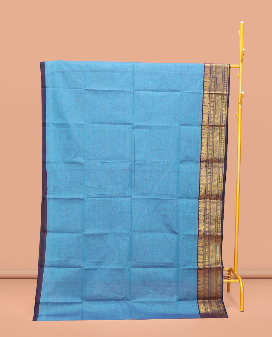 Blue Plain Chettinad Cotton Saree, Captivating by a Contrast Traditional Zari Design Woven Temple Border, Pallu of Stripes, and Paired with a Matching Blouse