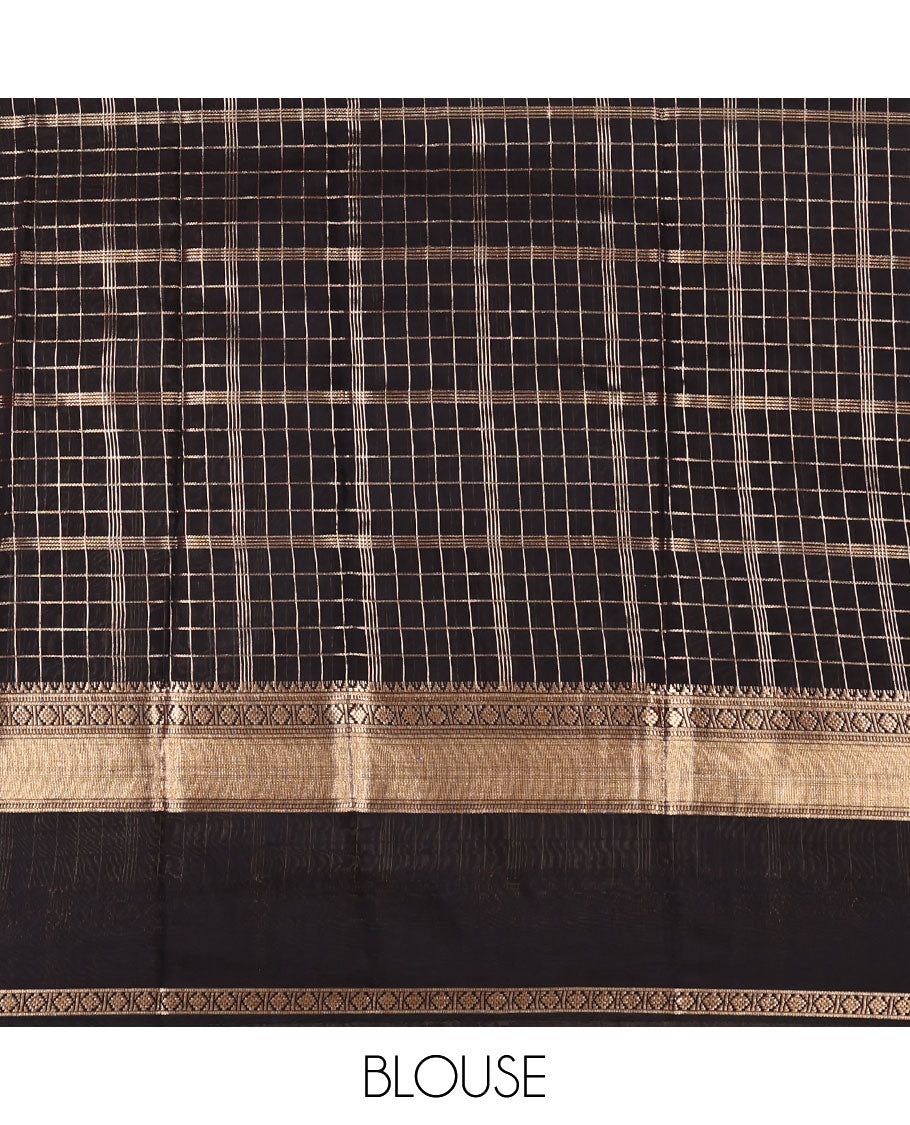 Violet Assam Silk Saree, Enriched with Zari Checks, Complemented by a Contrast Traditional Zari Border, Zari Striped Pallu, and a Contrast Blouse