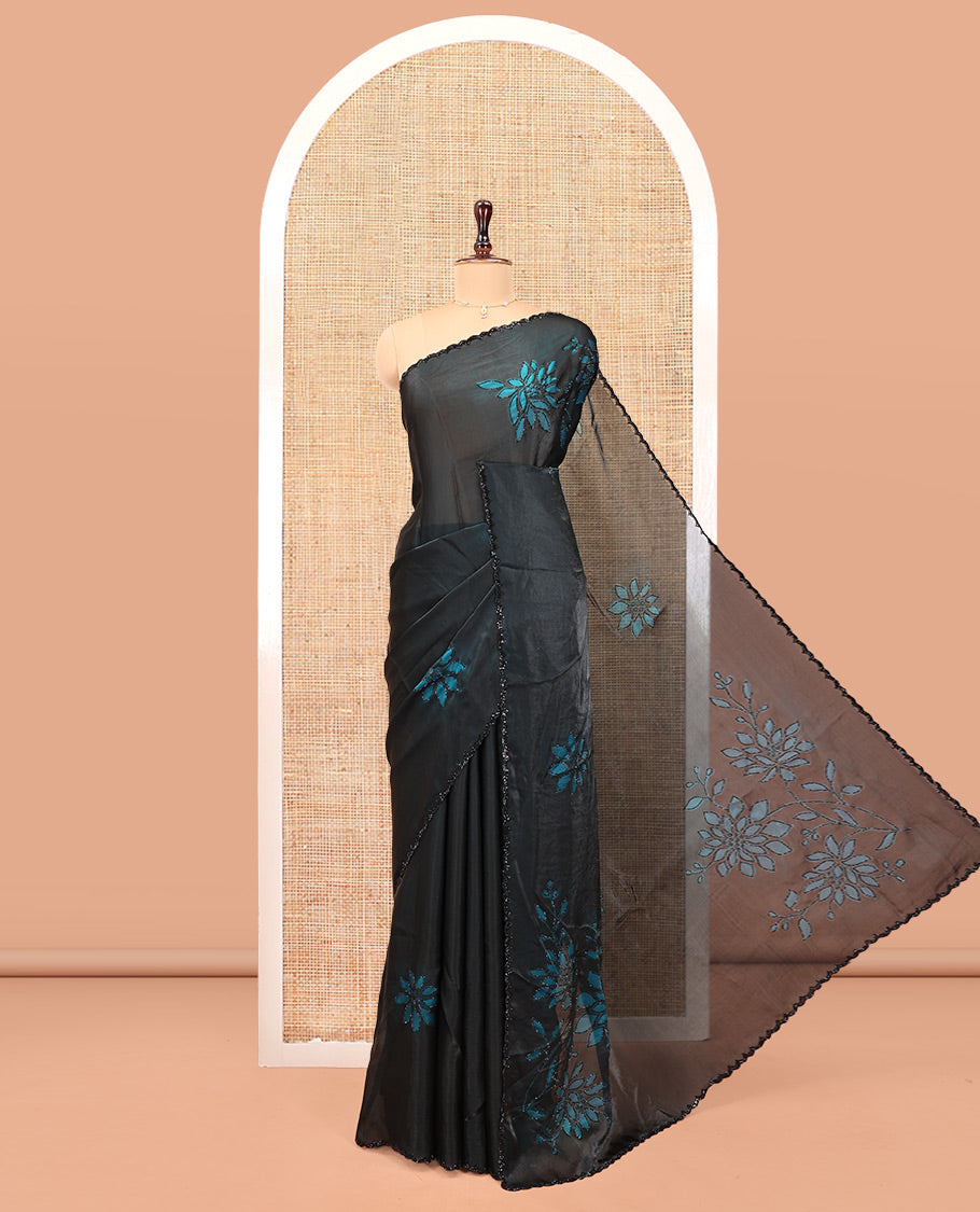 Black Designer Saree, Uniquely Decorated with Leaf Print and Outline Stone Embroidery On Its Body, Same Design On Its Pallu, and Paired with a Matching Blouse
