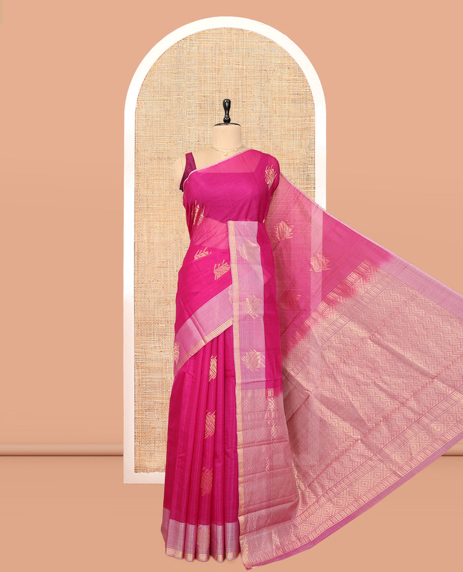Pink Cotton Saree, Delicately Woven with Zari Buttas, a Contrast Zari Border, a Chevron Pallu, and a Contrast Blouse