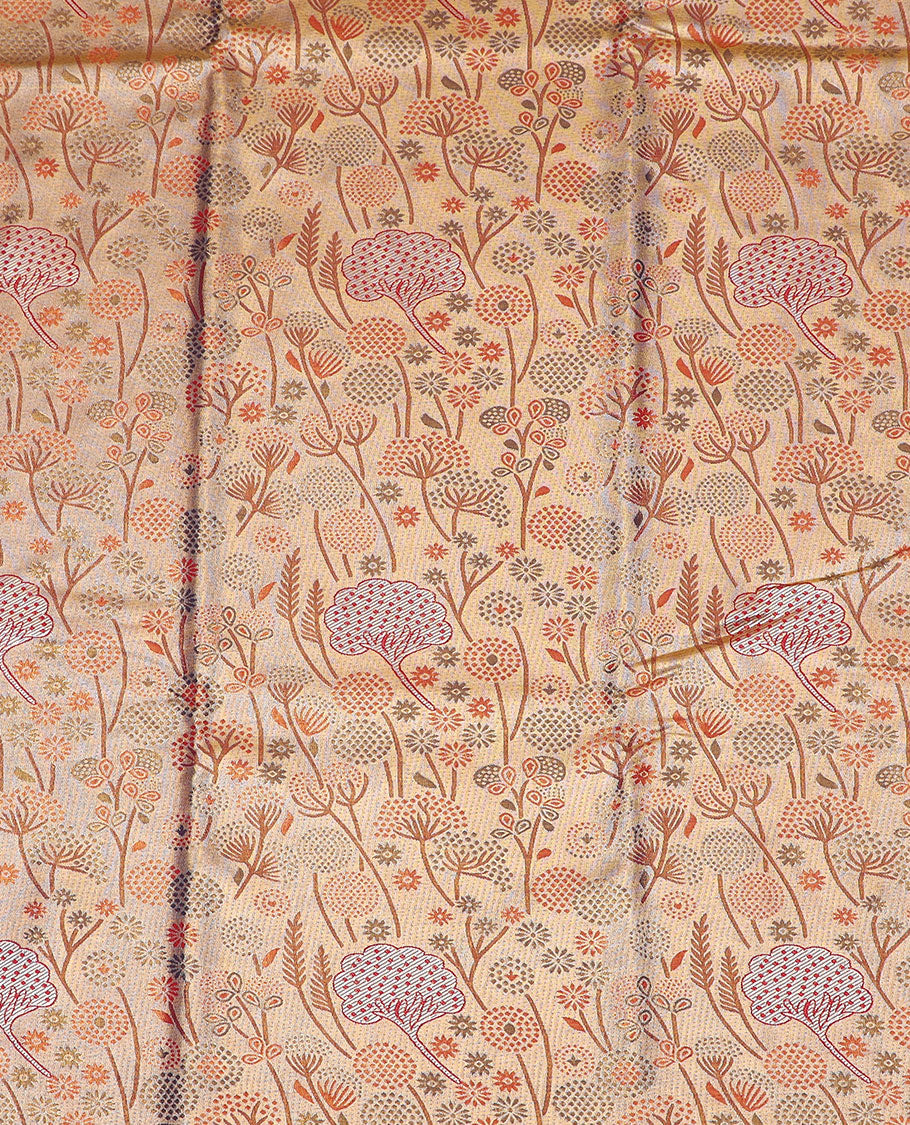 Sandal art-silk pavadai material set, floral meenakari-style jacquard pavadai with contrast blouse & traditional zari design border
