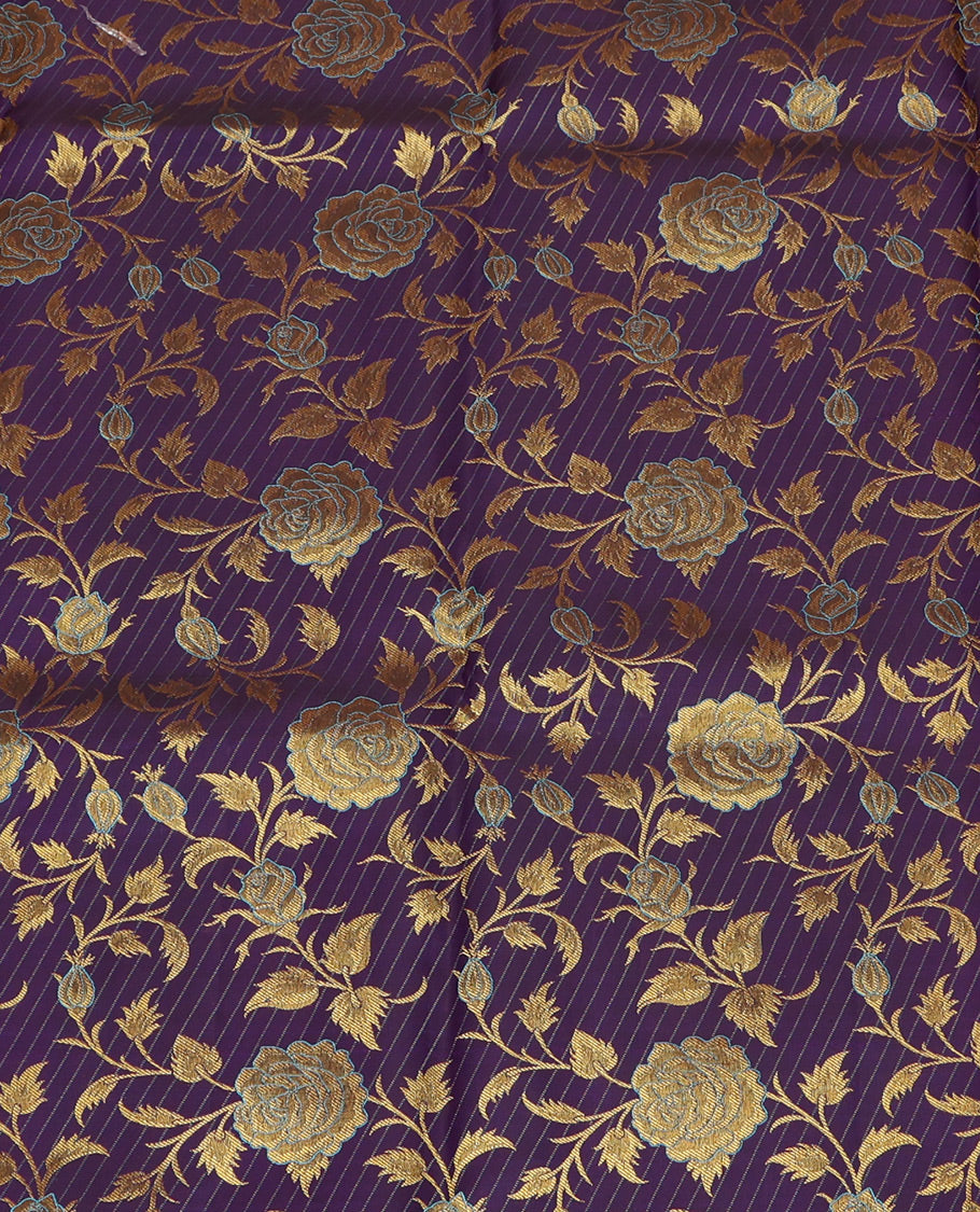 Violet Pure Silk Half-Saree, Gracefully Embellished with Floral Jacquard All Over Its Skirt, Complemented by a Contrast Border of Mayil, Yaanai, Mayil Kann, and Jaal Designs, Paired with a Contrast Blouse, and Comes with a Zari Design Dhavani