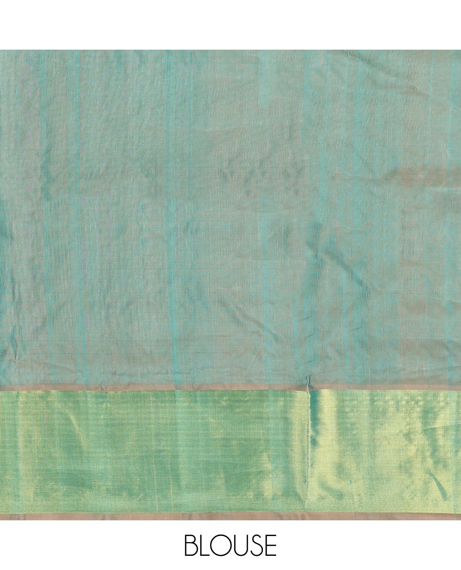 Green Venkatagiri Silk Saree, Subtly Sparkled with Zari Buttas All Over Its Body, Complemented by a Contrast Zari Border, Grand Pallu, and Paired with a Contrast Blouse