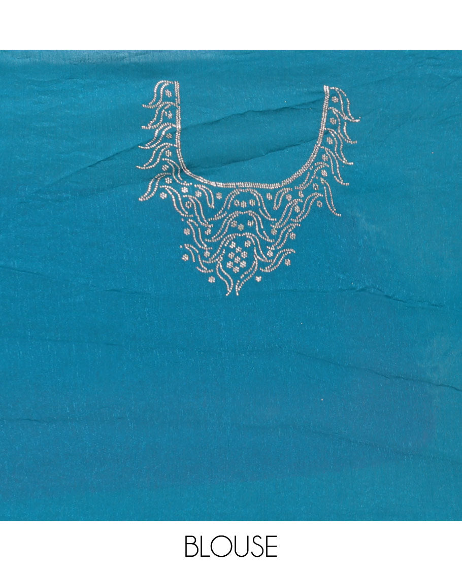 Blue plain fendy chiffon saree, scallop micro stone border, intricate stone work pallu, and a matching micro-stone blouse