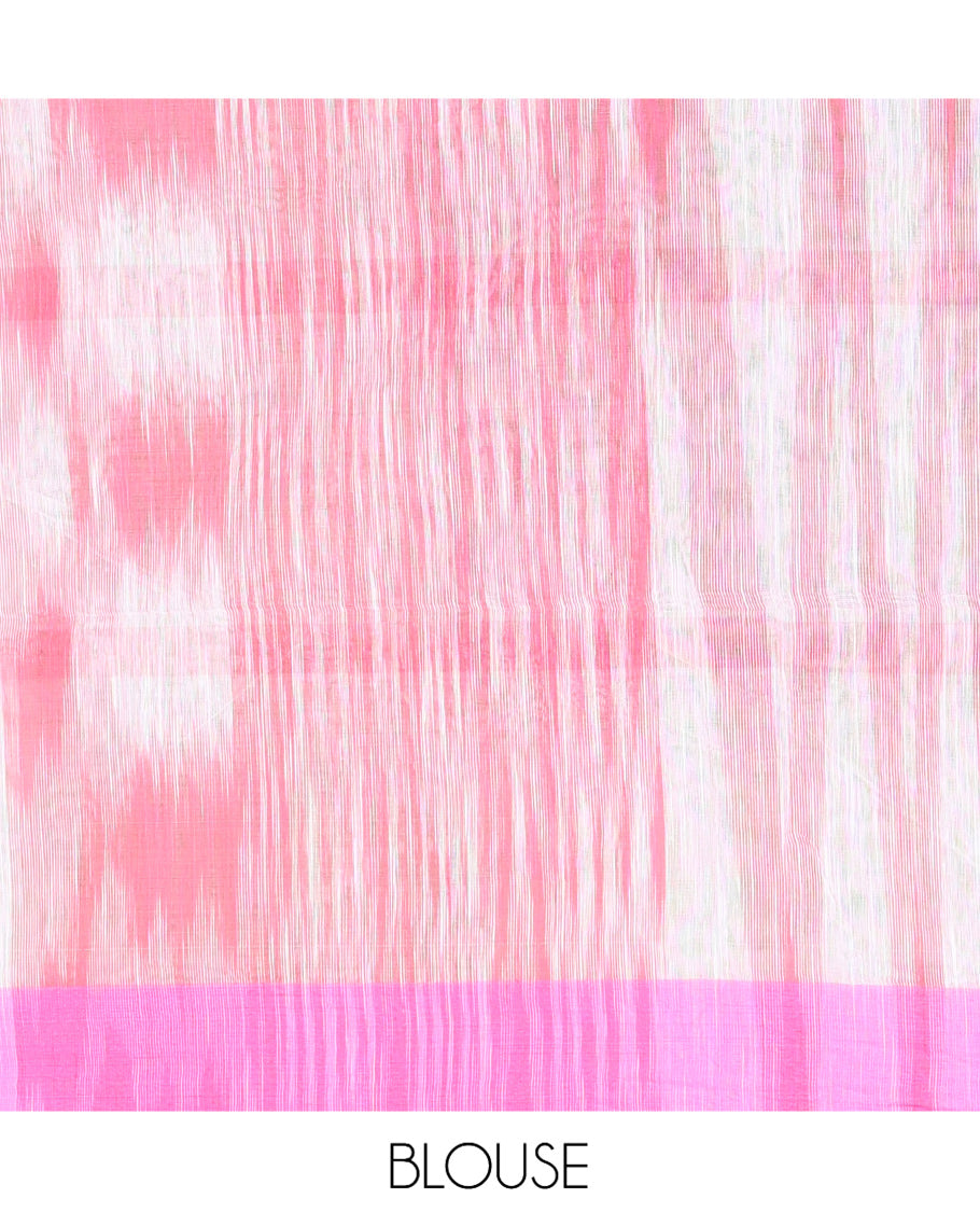 White-Pink Khadi Cotton Saree, Woven with Ikat Buttas, Contrast Blouse, Ikat Pallu, Matching Blouse