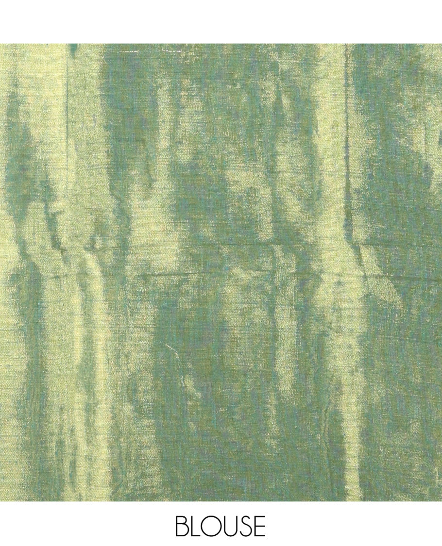 Borderless Green Khadi Tissue Saree, Gleamed Up with Sequin Work, a Self-Pallu, and a Matching Blouse