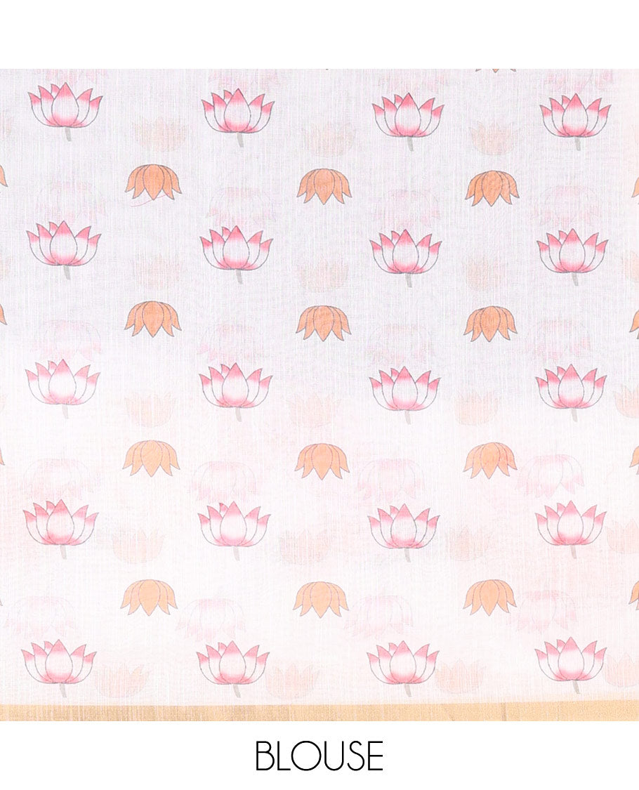 Grey Plain Linen Cotton Saree, Complemented by a Contrast Border Depicting Pichwai Cow and Lotus Motifs Print, Pallu of the Same Body Print, and Paired with a Contrast Blouse
