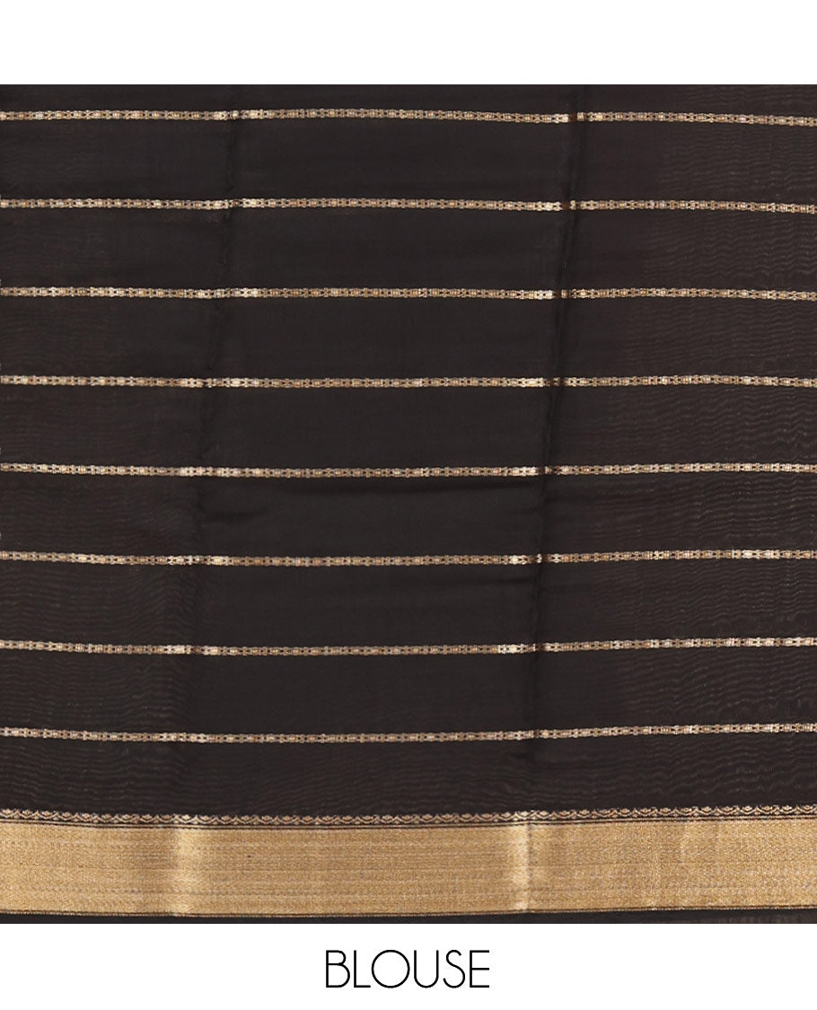 Black Assam Silk Saree, Subtly Enriched with Zari Stripes, Highlighted by a Zari Traditional Border, Zari-Striped Pallu, and a Matching Blouse