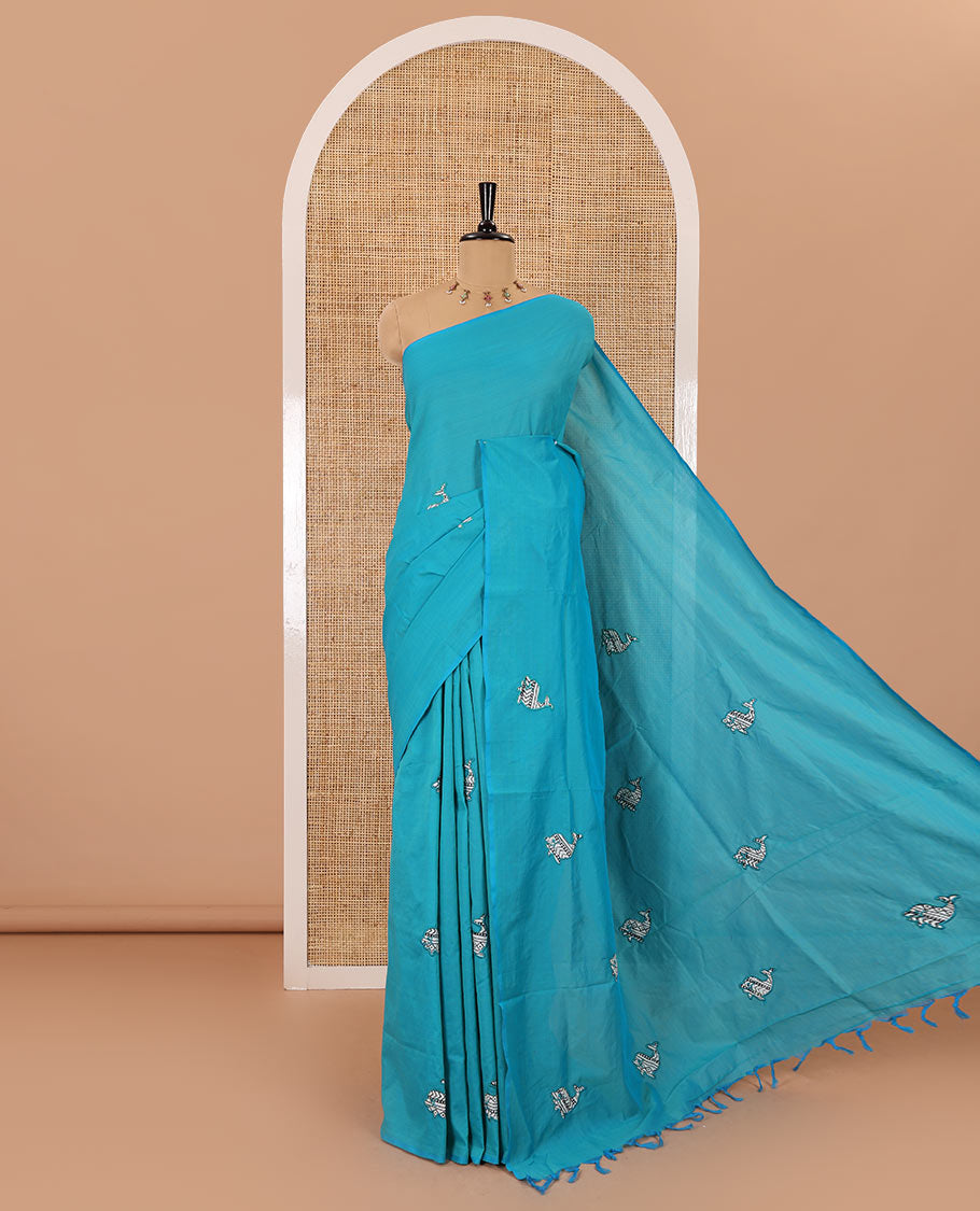 Borderless rama motifs patch embroidered South cotton saree with a plain blouse and a contrast printed blouse