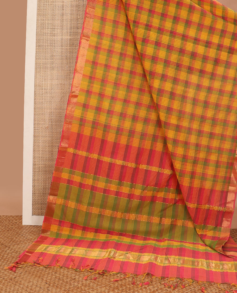 Multi-color checked mangalagiri cotton saree with contrast zari design border & striped pallu