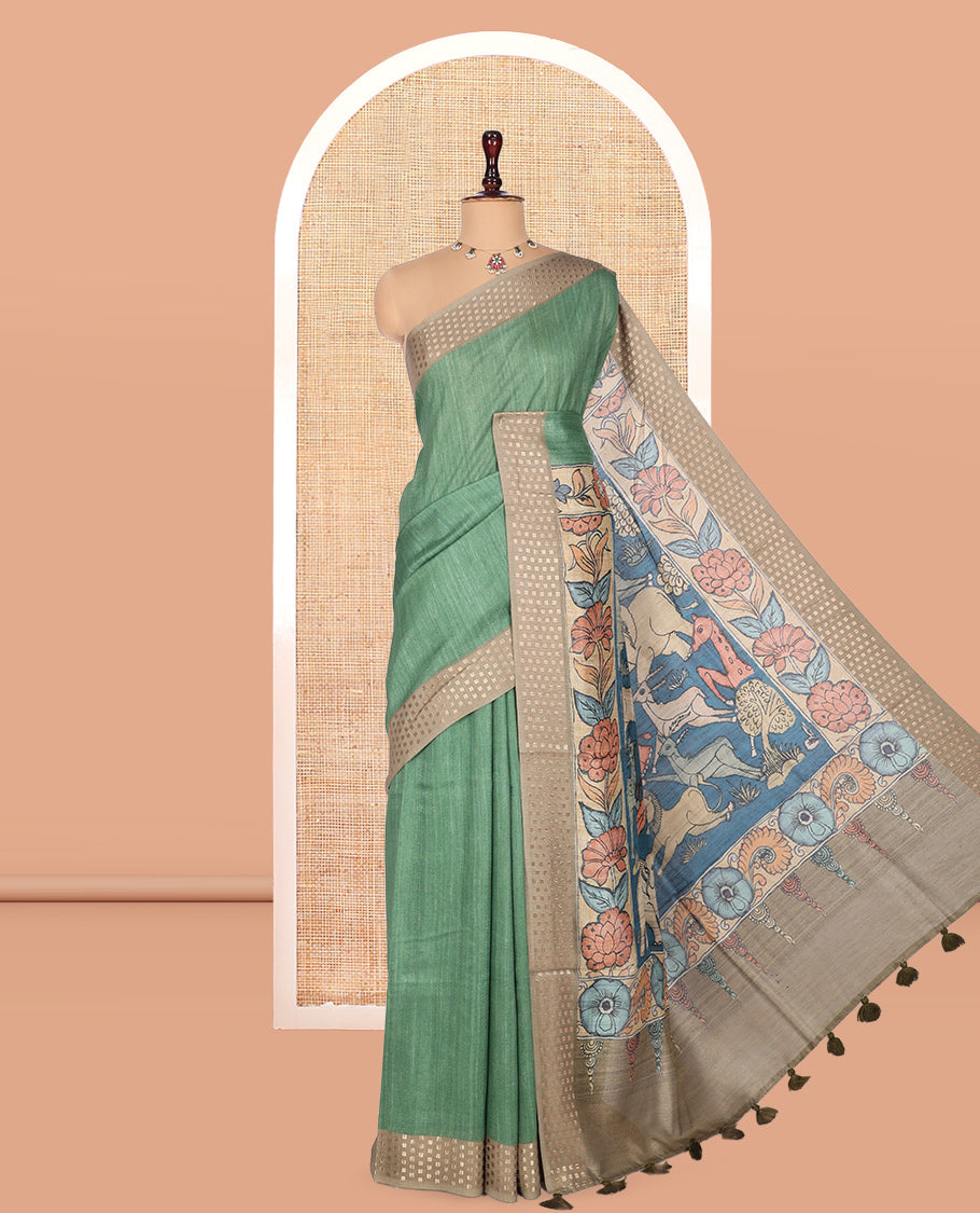 Green Plain Fancy Tussar Silk Saree, Contrast Triangle Motif Border, Pallu of Kalamkari Animal Motifs, and Contrast Kalamkari Printed Blouse
