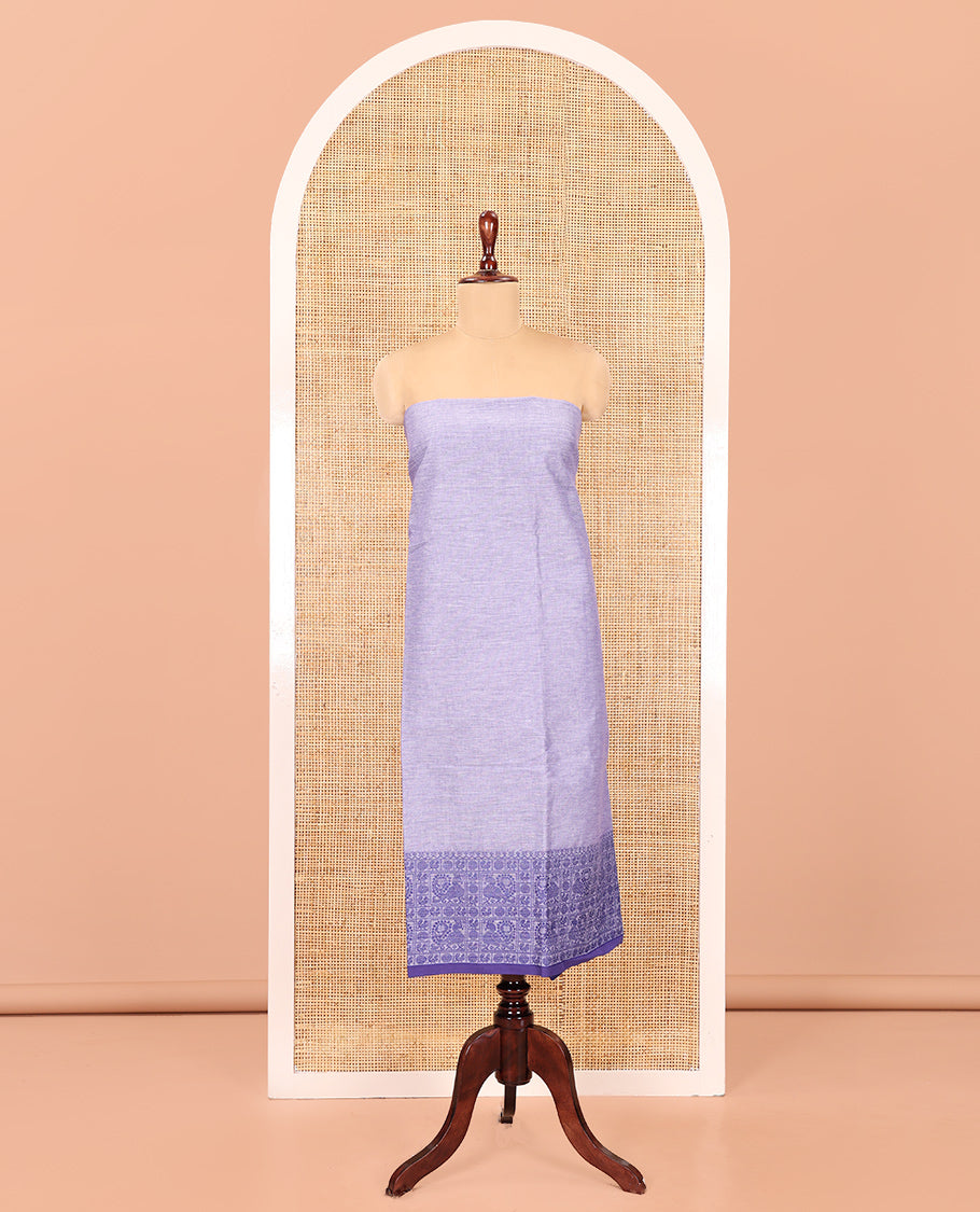 Lavender Handloom Material Chudidar, Peacock-Chakram Motifs-Threaded Top, a Contrast Plain Bottom, and a Contrast Dupatta