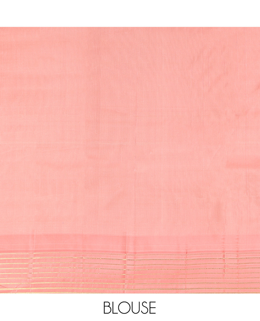 Vadamalli and Peach Pink Vasundhara Silk Saree, Enriched with Kamalam Zari Buttas All Over Its Body, Complemented by a Contrast Thazampoo Rekku Border of Banaras Designs, Gleaming Zari Striped Pallu, and Paired with a Contrast Blouse