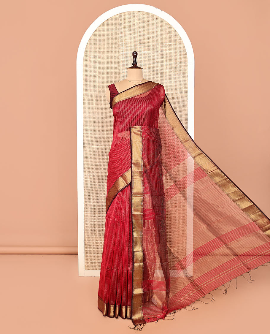 Red Maheshwari Cotton Saree, Enriched with Micro-Checked Design All Over Its Body, Highlighted by Traditional Zari Border, Pallu Steeped with Floral Designs, and Paired with a Matching Blouse