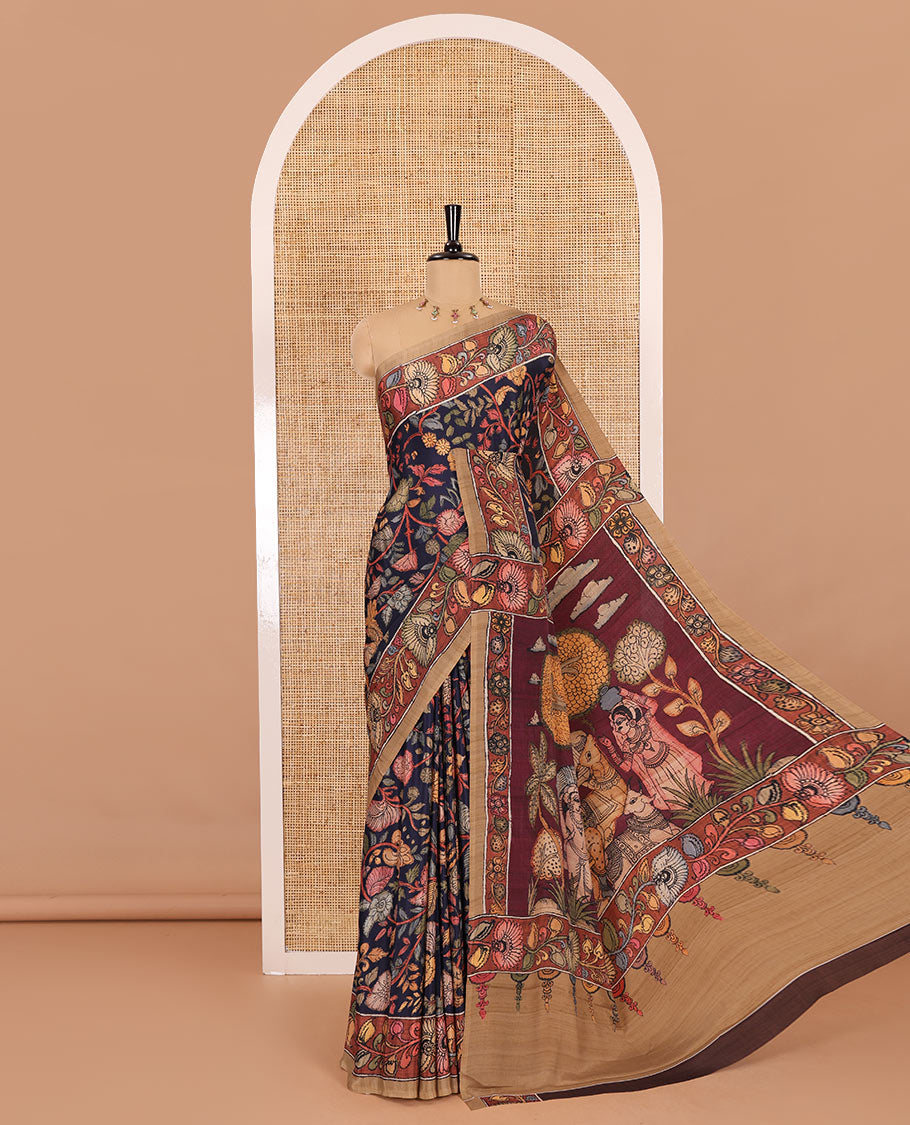 Navy blue kalamkari floral vine printed Italian crepe saree, contrast kalamkari floral creeper printed border, pallu of Pichwai and kalamkari print, and a plain blouse