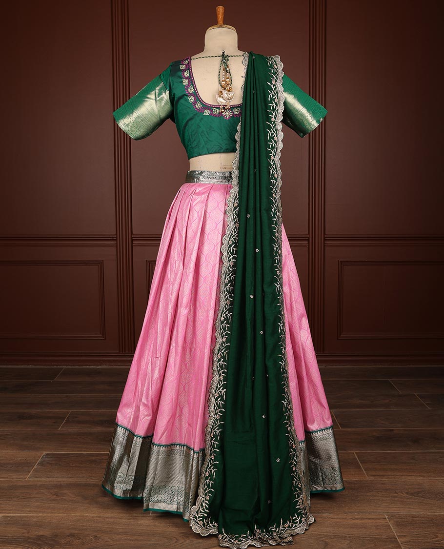 Pink ogee design half saree with contrast zari design border, embroidery blouse & floral embroidery dhavani
