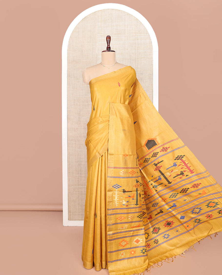 Yellow Tussar Silk Saree, Accentuated with Thread Buttas All Over Its Body, Subtly Piping Border, Pallu Features Unique Designs, and Paired with a Matching Blouse