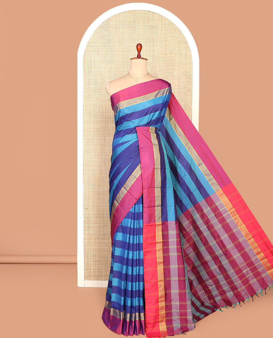 Blue Aarani Silk Saree, Accentuated with Buttas and Stripes, Complemented by a Contrast Border, Striped Pallu, and Paired with a Matching Blouse