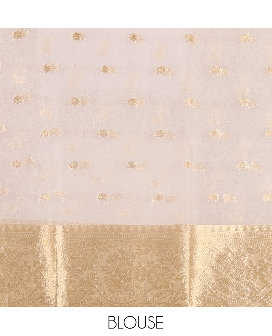 Cream Semi-Organza Saree, Steeped in Richness of Zari Buttas, Highlighted by a Zari Floral Creeper Border, and a Matching Blouse