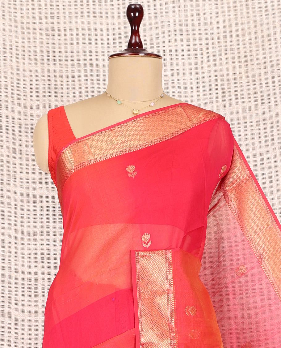 Pink Maheshwari Cotton Saree, Embellished with Buttas, Highlighted by a Traditional Zari Border, Zari Gleamed Up Pallu, and Matching Blouse