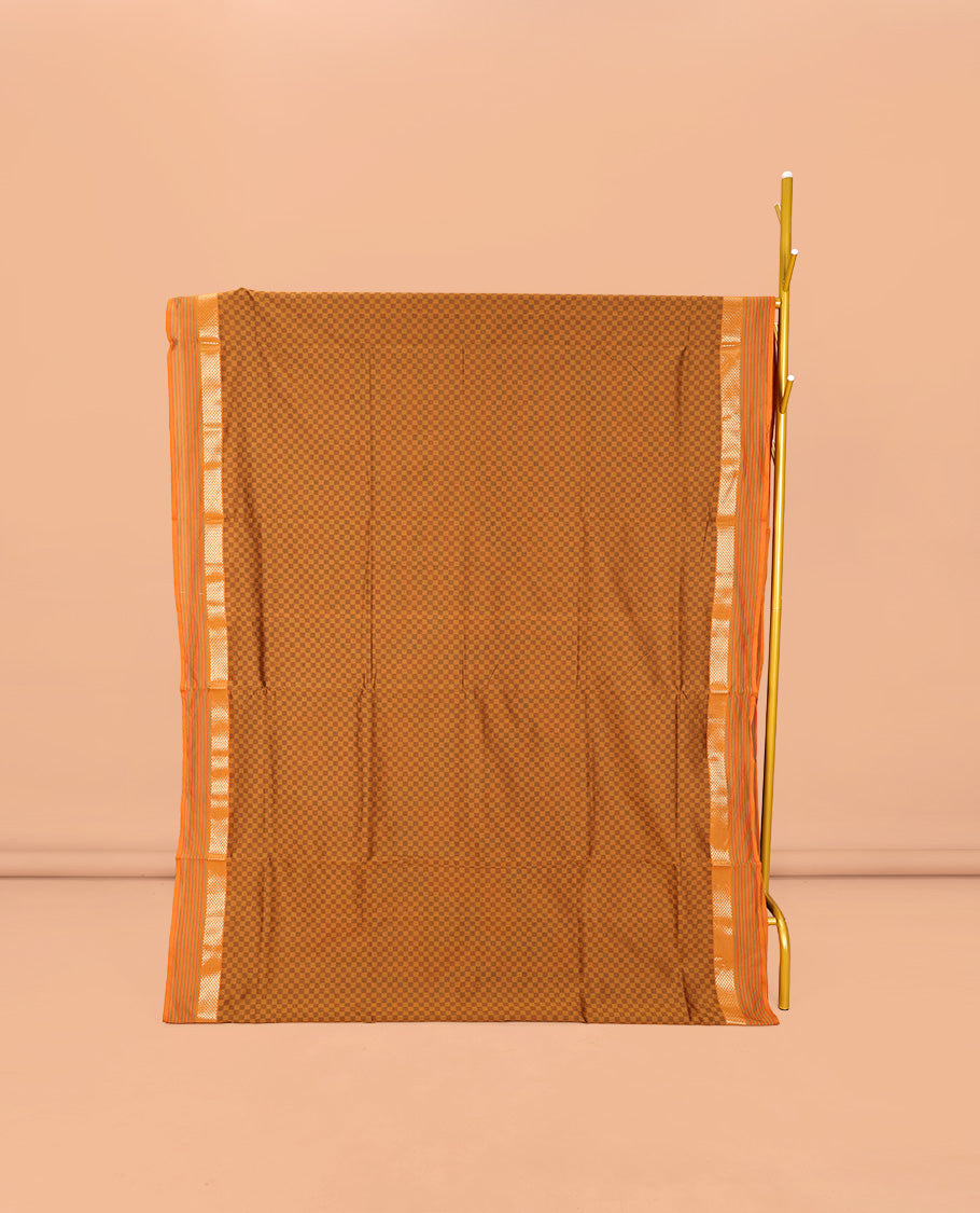 Brown Checked Poly Cotton Saree, Complemented by a Contrast Zari Border, Contrast Striped Pallu, and Paired with a Contrast Blouse