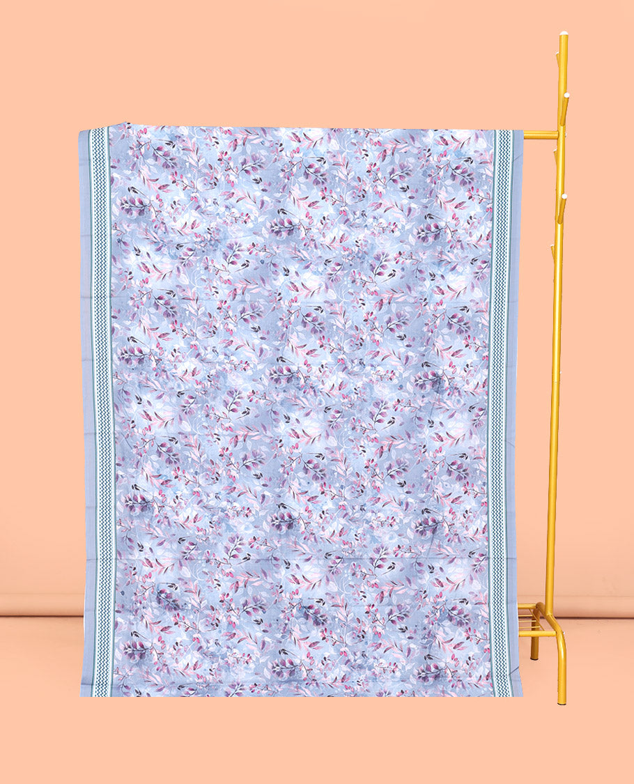 Blue Mul Mul Cotton Saree, Bedecked with Floral Print, a Subtle Chevron Border, Pallu of Floral-Geometric Print, and a Matching Blouse