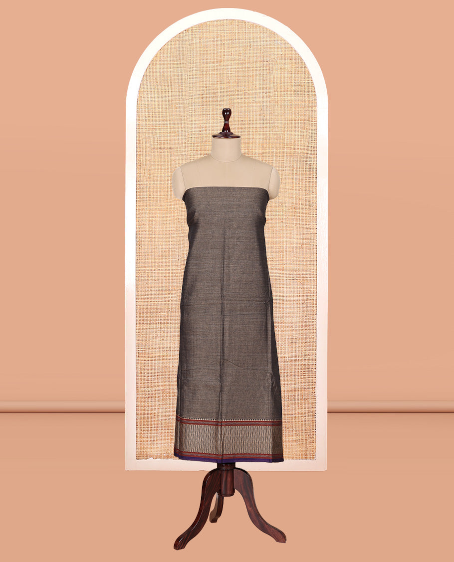 Dark Chikku Mercerised Cotton Material Churidar Features Plain Top, Contrast Traditional Thread Border, Plain Bottom, Matching Dupatta