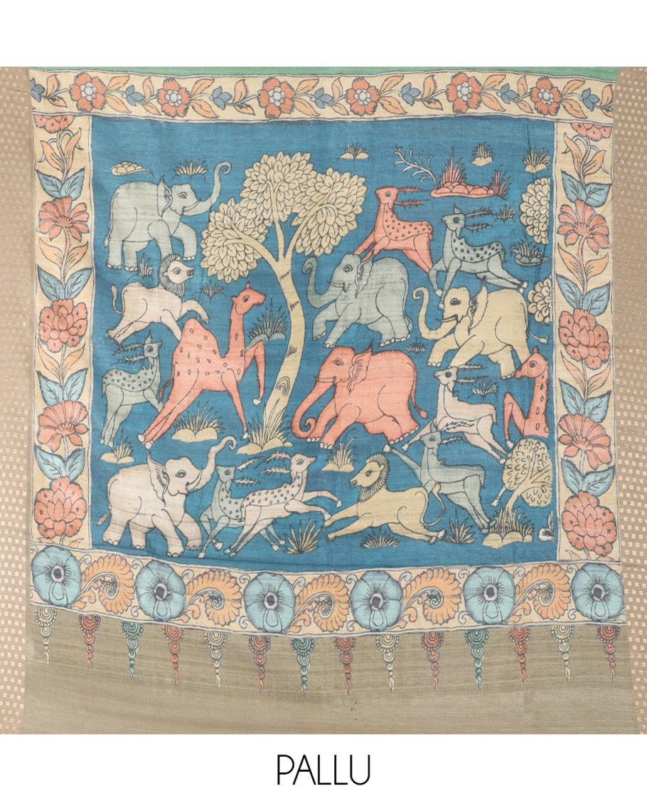 Green Plain Fancy Tussar Silk Saree, Contrast Triangle Motif Border, Pallu of Kalamkari Animal Motifs, and Contrast Kalamkari Printed Blouse