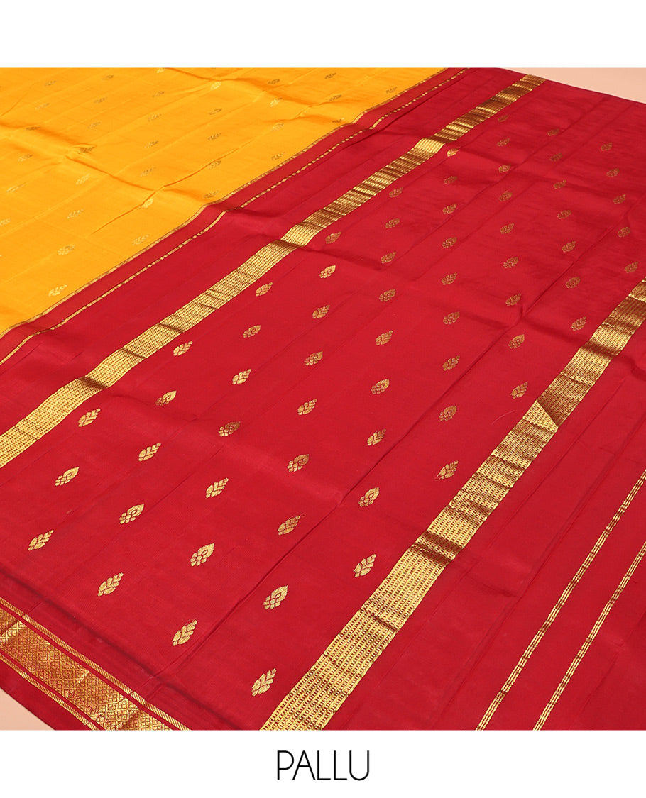 Yellow Kanchipuram Silk Saree, Woven with Zari Buttas, Contrast One-Sided Korvai Border of Banaras and Jaal Designs, Zari Design Pallu, and No Blouse