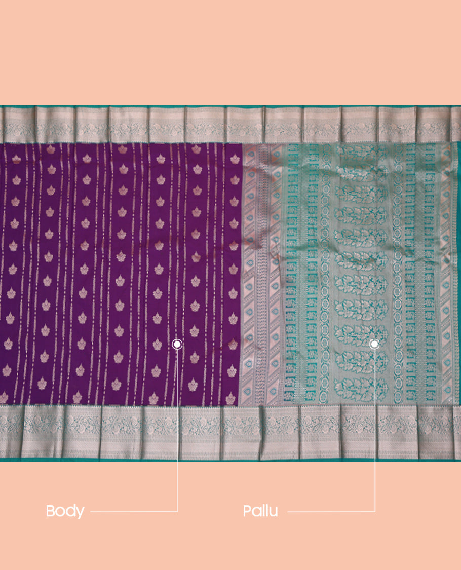 Violet Budget Silk Saree, Delicately Woven with Zari Designs, Complemented by a Contrast Traditional Zari Border, Floral Pallu, and a Contrast Blouse