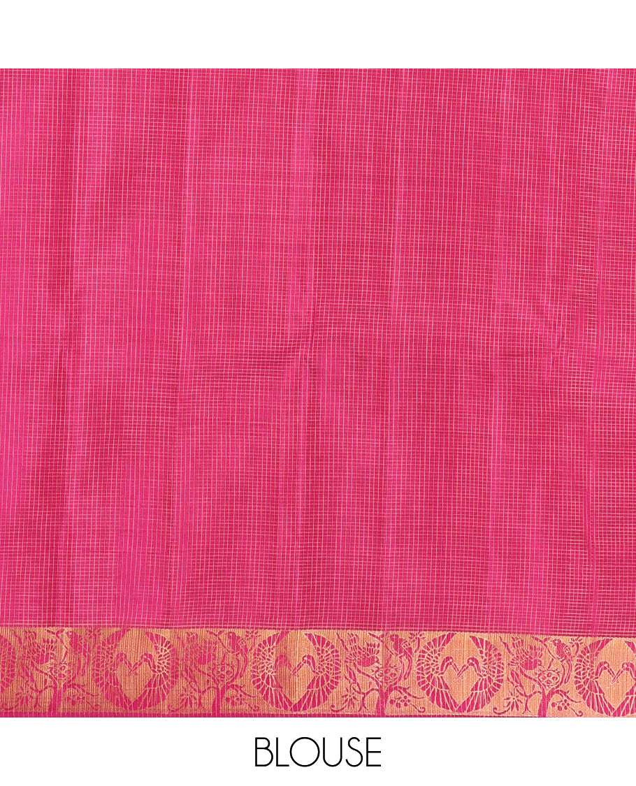 Pink Kanchipuram Silk Saree, Woven with Checks and Mayil Buttas, Highlighted by Bird Motif Woven Border, Zari Striped Pallu, and a Matching Blouse