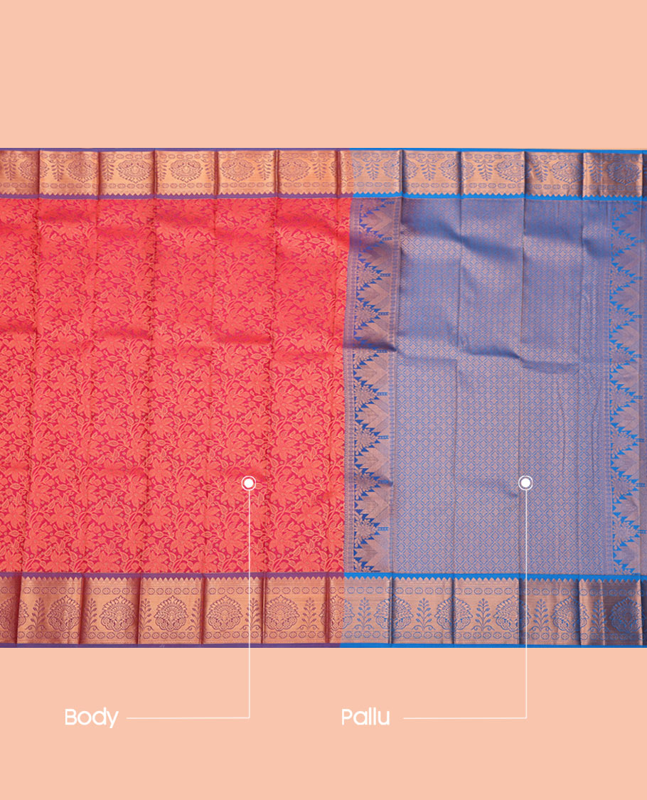 Red Budget Silk Saree, Decked Up with a Jacquard Design, Complemented by a Contrast Traditional Zari Border, Jaal Pallu, and Contrast Blouse