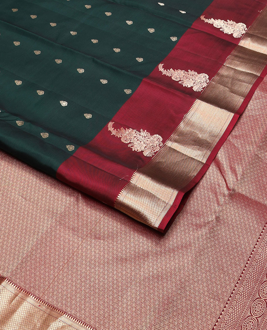 Green zari buttas vasundhara silkmix saree,contrast border of floral,rekku,muthu,banaras & mayil kann & grand mayil kann design pallu
