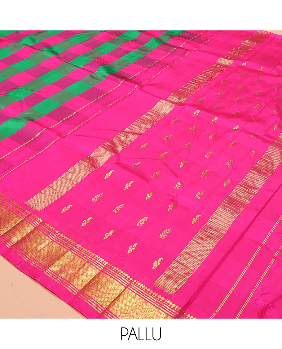 Multi-Color Kanchipuram Silk Saree, Enthralled with Checked Design on Its Body, Highlighted by a Zari One-Sided Border of Panner Sombu, Muthu, Banaras, and Jaal Designs, Pallu of Zari Designs, and Comes Without a Blouse