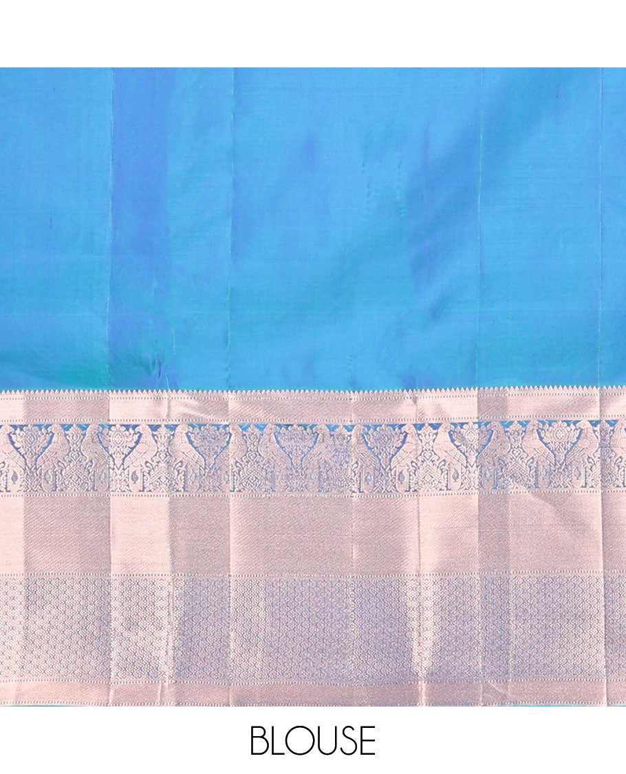 Dark blue floral kancheepuram silk saree with self border of rekku, muthu, banaras & zari design pallu