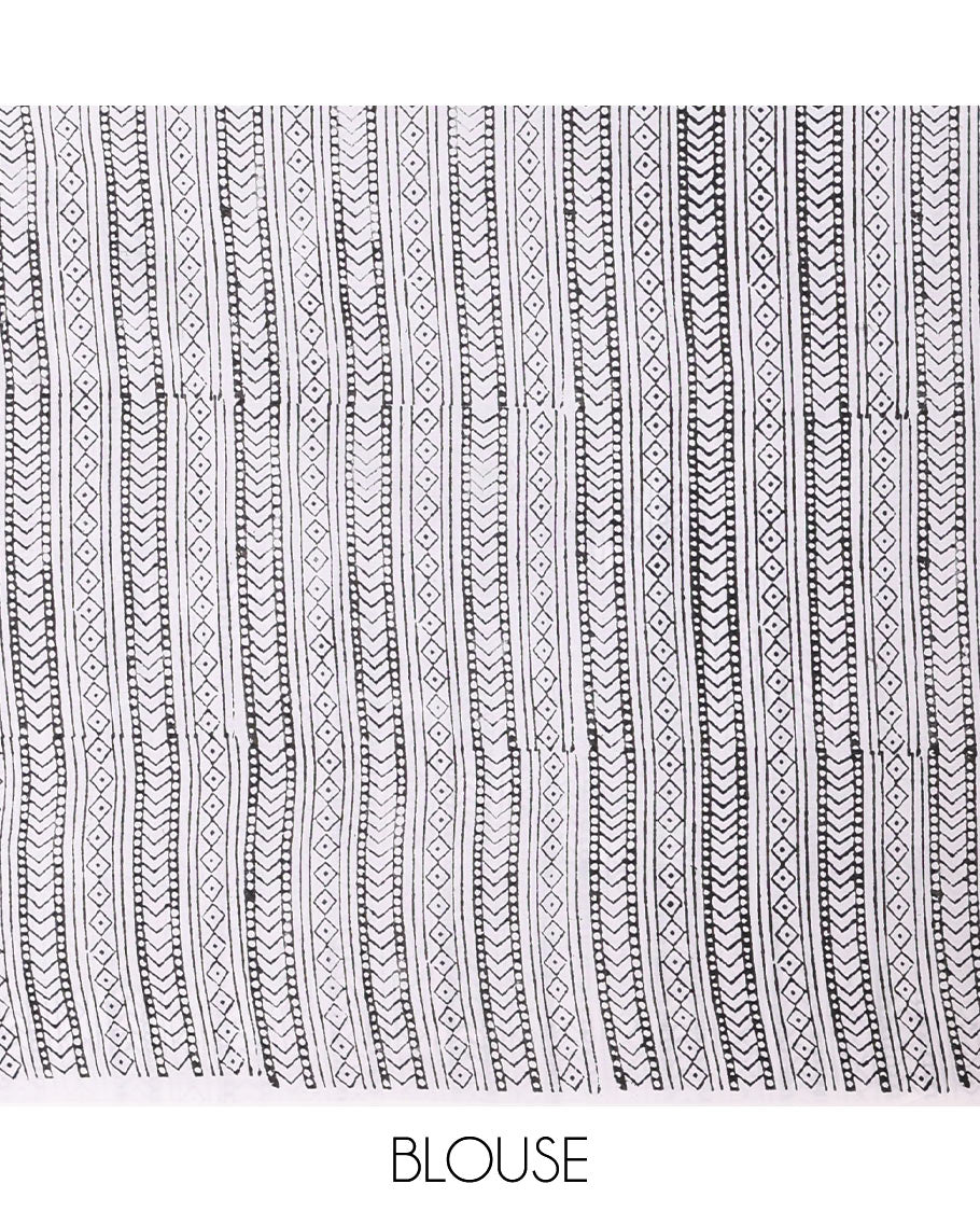 Borderless rama motifs patch embroidered South cotton saree with a plain blouse and a contrast printed blouse