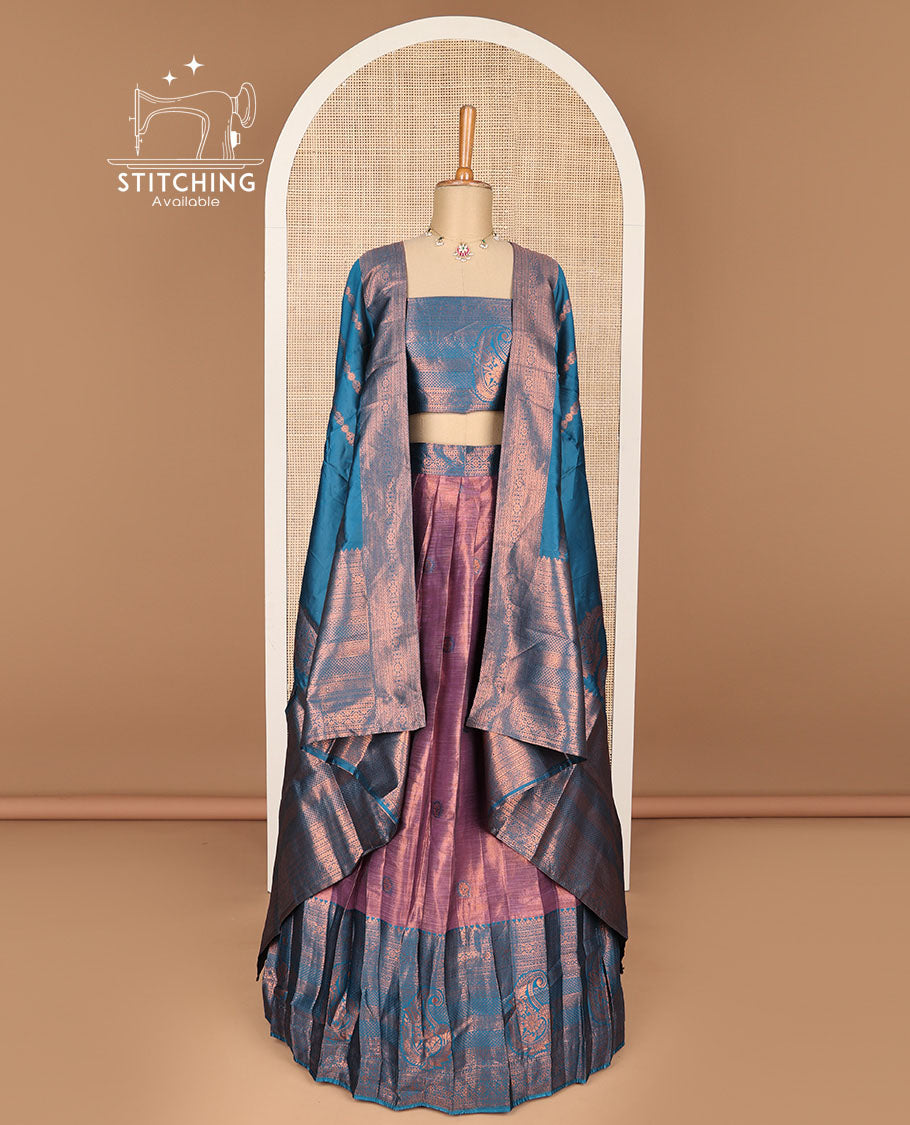 Violet floral design banaras half saree with contrast zari design border , zari design blouse & floral zari design dhavani
