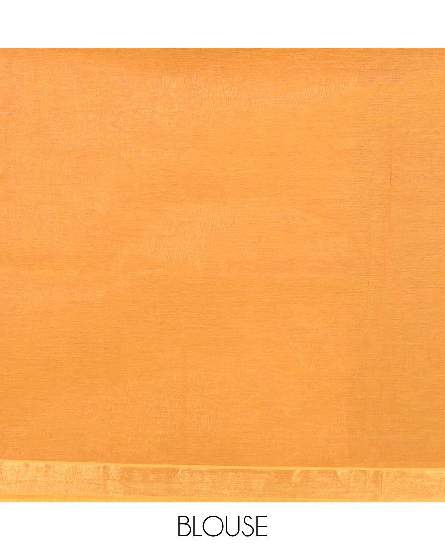 Orange Coimbatore Cotton Saree, Bedecked with Stripes, Checks, and Buttas All Over Its Body, Subtly Zari Border, Sparsely Woven Pallu of Floral-Leaf Designs, and Paired with a Matching Blouse