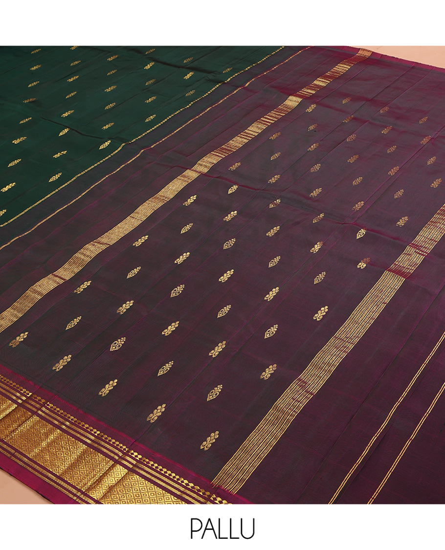 Green Kanchipuram Silk Saree, Woven with Zari Buttas, a Contrast One-sided Border of Panner Sombu, Banaras, and Mayil Kann Designs, Pallu of Zari Designs, and No Blouse
