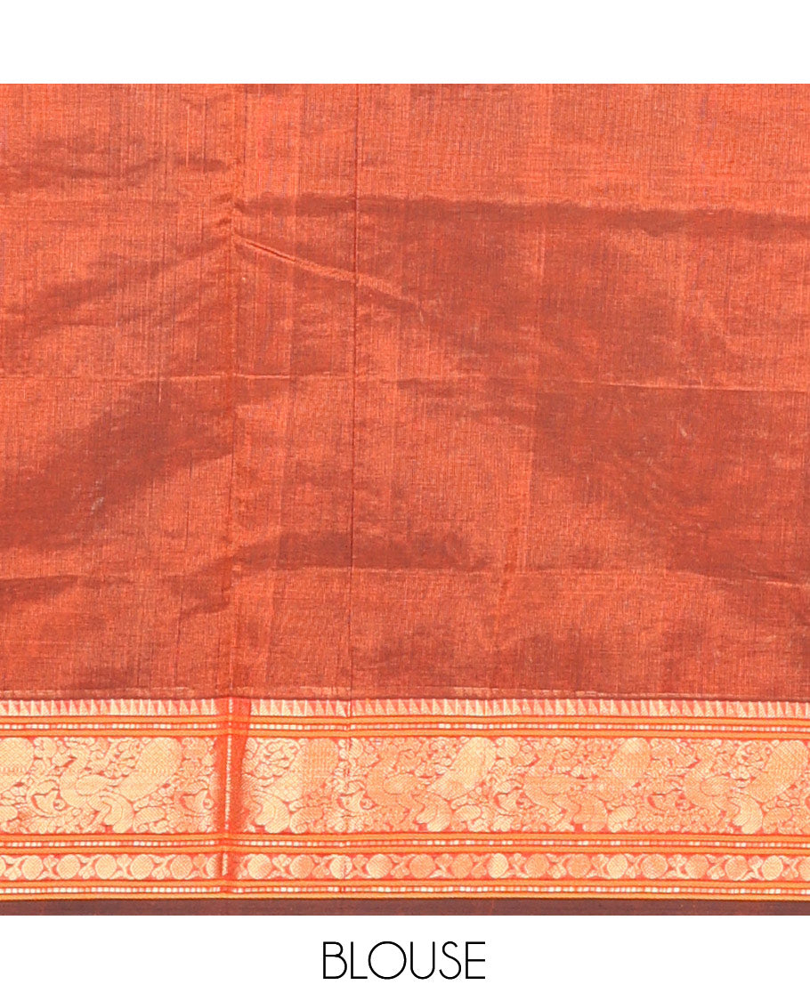 Brown Buttas Enclosed Checked Kuppadam Silk Saree, a Contrast Peacock Border, Grand Pallu, Matching Blouse