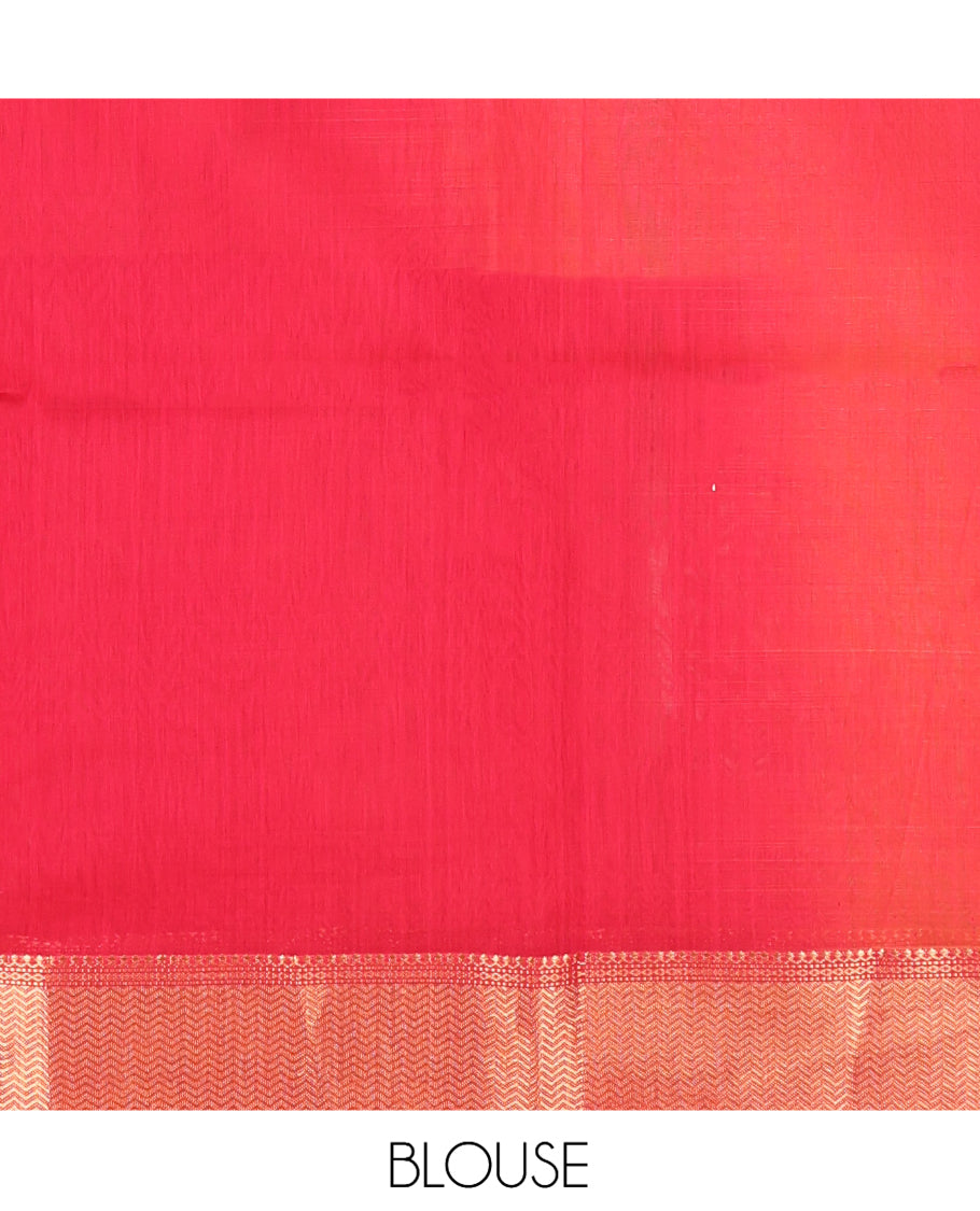 Pink Maheshwari Cotton Saree, Embellished with Buttas, Highlighted by a Traditional Zari Border, Zari Gleamed Up Pallu, and Matching Blouse