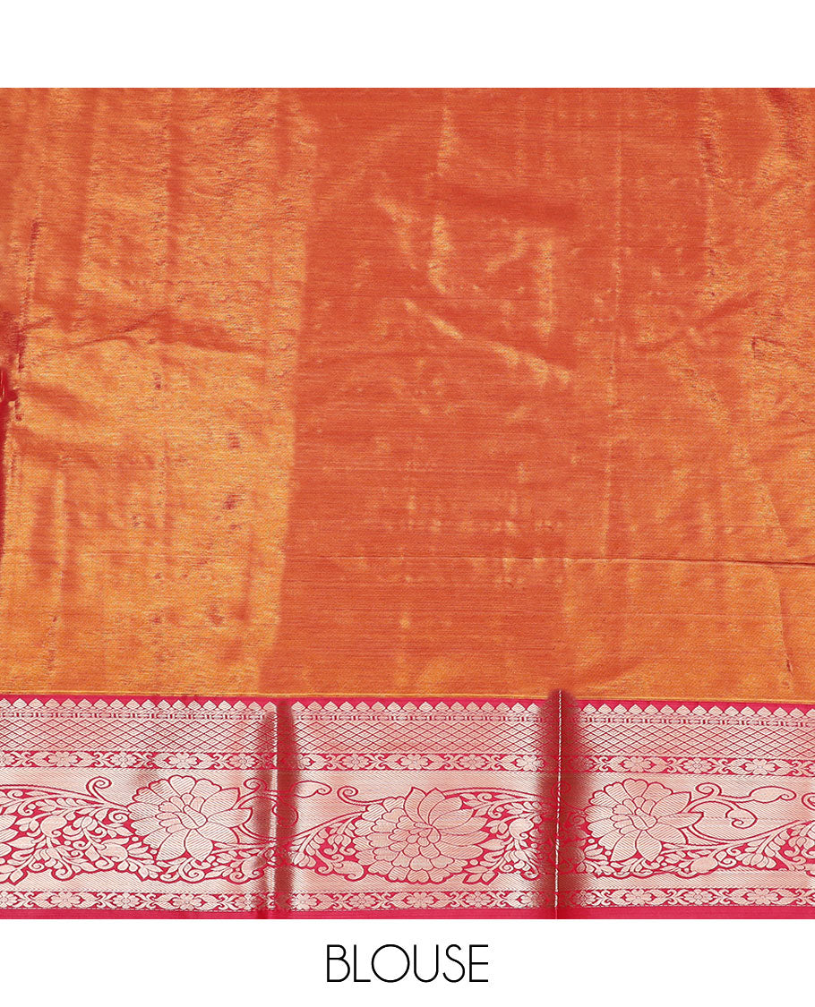 Sandal art-silk pavadai material set, floral meenakari-style jacquard pavadai with contrast blouse & traditional zari design border