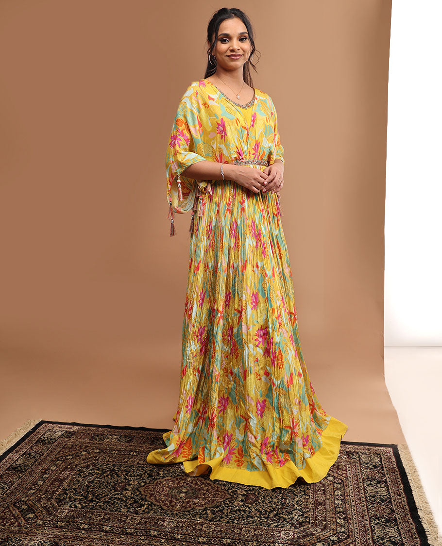Yellow floral design v neck, elbow sleeve, floor length top