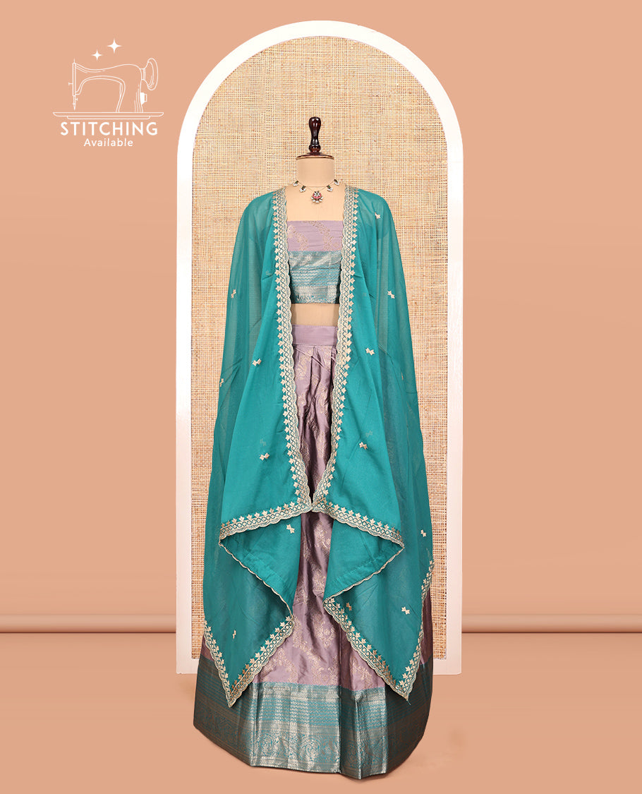 Grey Banarasi Half-Saree, Subtly Sparkled with Jacquard Design, a Contrast Traditional Zari Border, a Matching Blouse, and a Contrast Embroidered Dhavani