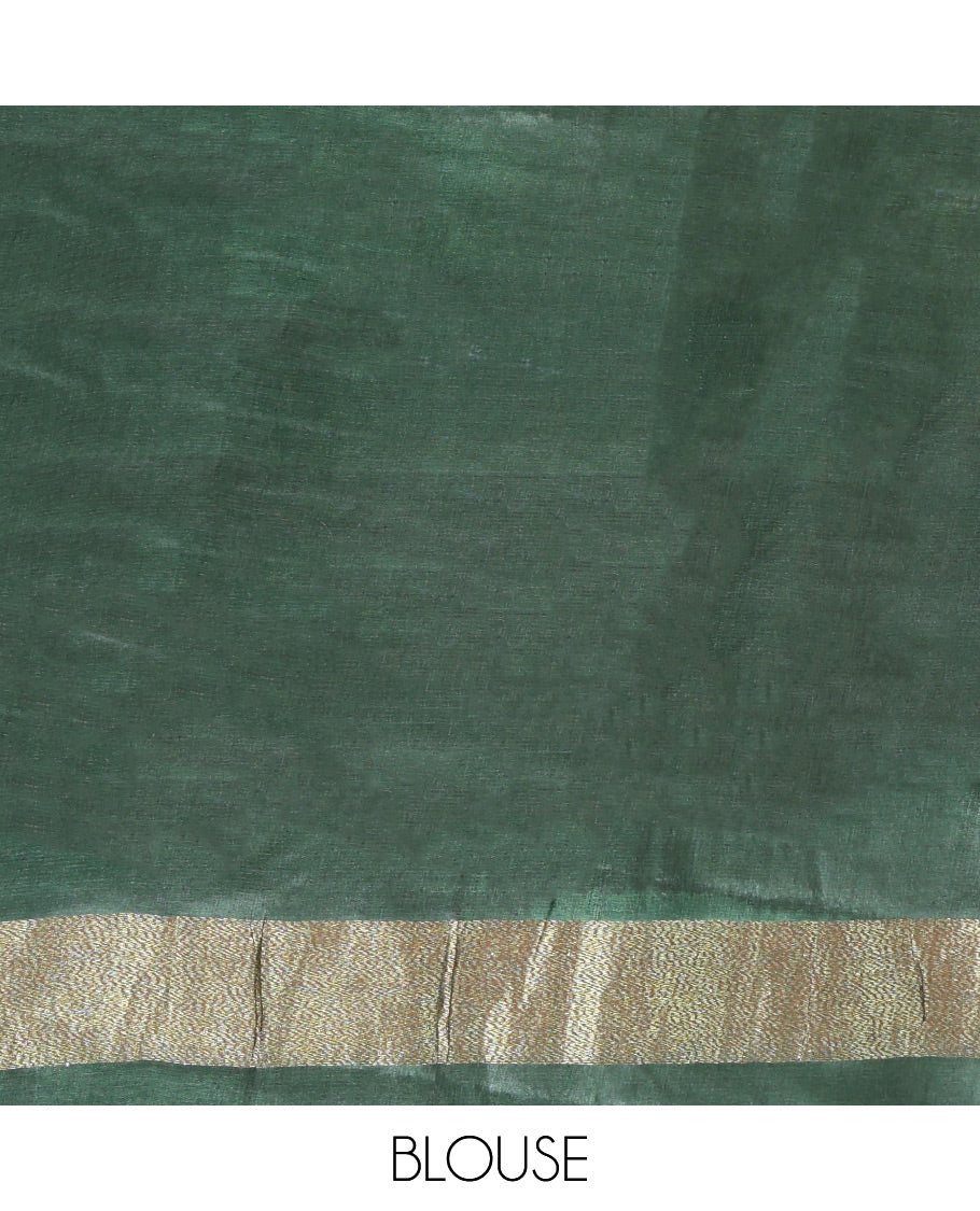 Borderless Green Tusser Silk Saree, Embellished with Zari Stripes and Temple Design, a Grand Jaal Pallu, and a Matching Blouse