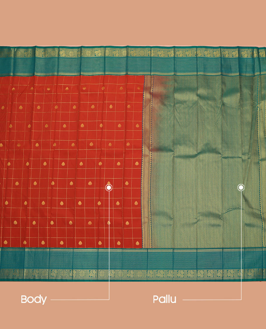 Orange Budget Silk Saree, Beautifully Bedecked with Butta Enclosed Checked All Over Its Body, Complemented by Contrast Traditional Zari Design Border, Sparsely Woven Jaal Pallu, and Paired with a Contrast Blouse