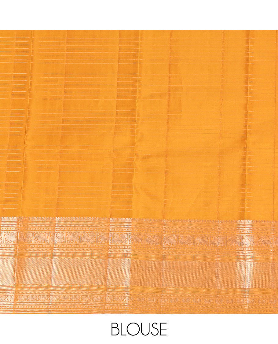 Yellow Vasundhara Silk Saree, Enriched with Zari Butta Enclosed Checked Design All Over Its Body, Highlighted by Zari Border of Thilakam Mokku, Muthu, Mayil, Yaanai, and Mayil Kann Designs, Grand Jaal Pallu, and Paired with a Matching Blouse